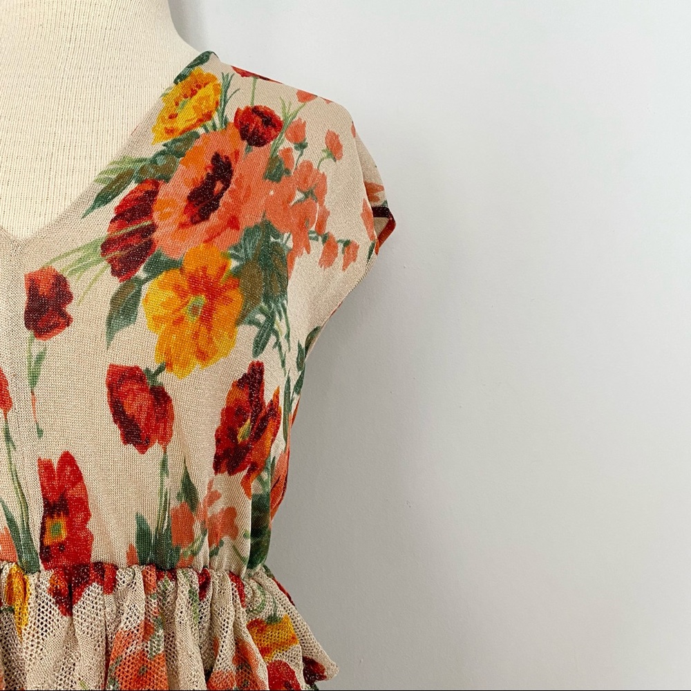 Escada Shimmer Poppy Floral Tiered Ruffle Dress V Neck Stretch - Picture 2 of 12